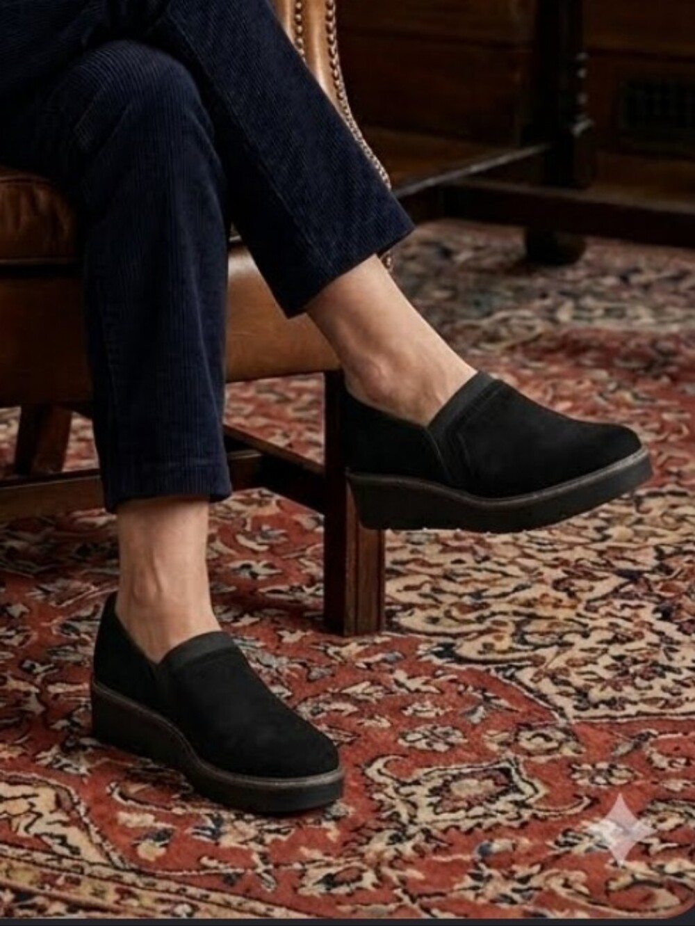 Clarks Collection Black Suede Arabell Platform Almond Toe Fall Loafers Size 9.5